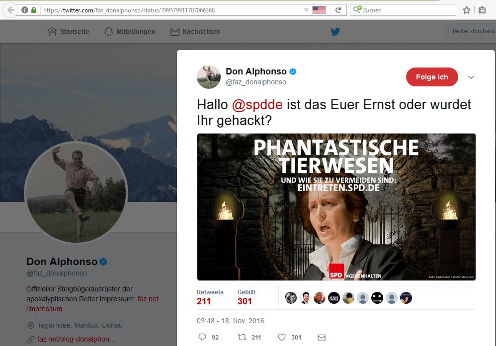 @DonAlphonso kritisiert die Botschaft der SPD ein Screenshot vom Twitterprofil @DonAlphonso