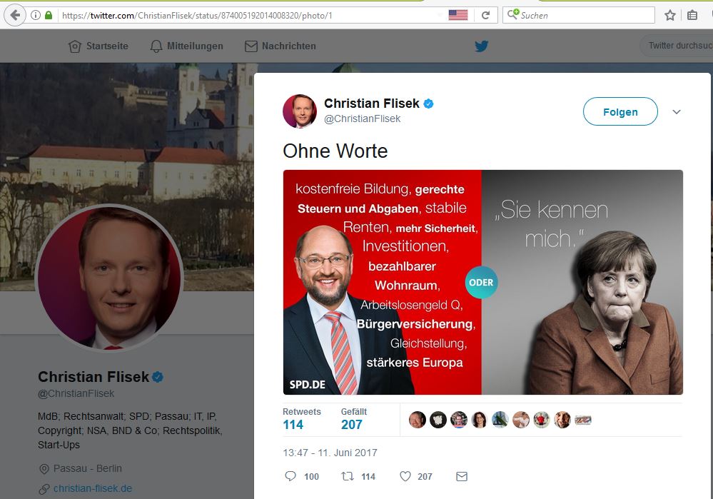 der SPD-MdB Christian Flisek verbreitet einen Gegenüberstellung von Schulz und Merkel, bei der die Bildbearbeitung diskutiert werden kann der SPD-MdB Christian Flisek verbreitet eine Gegenüberstellung von Schulz und Merkel