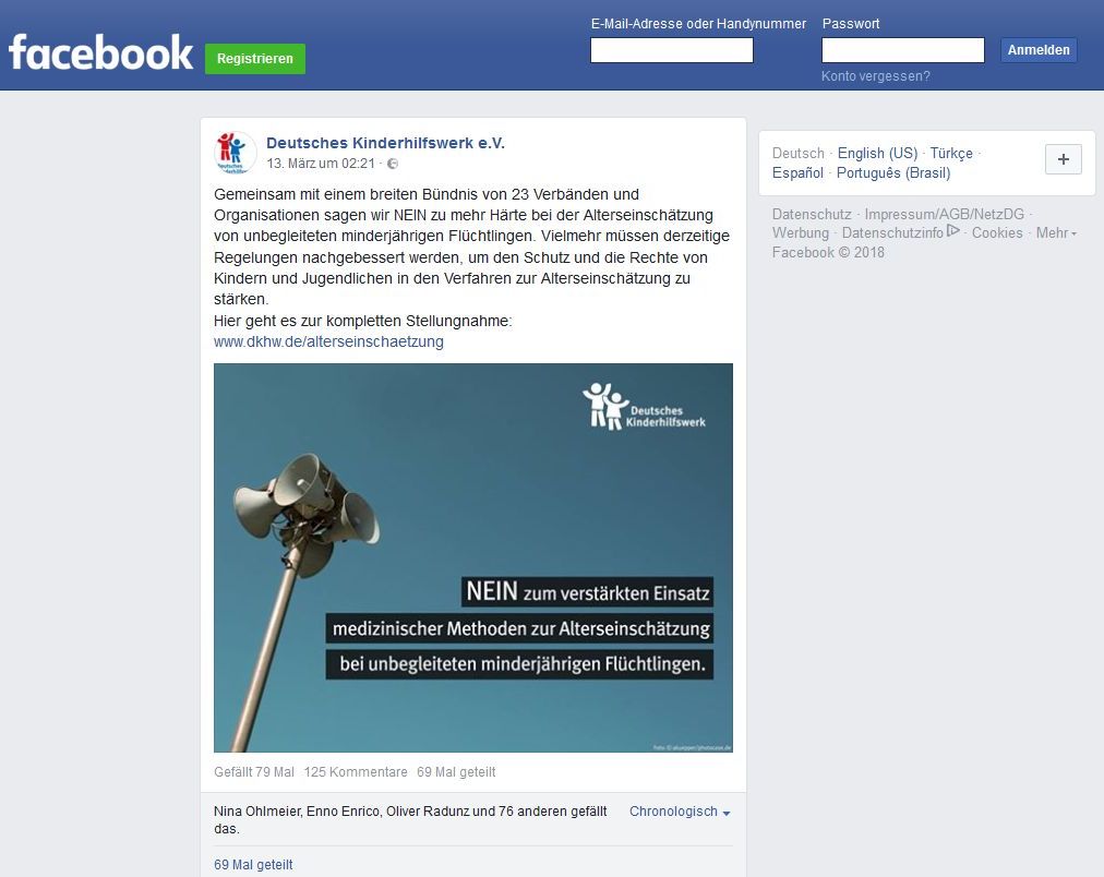 Screenshot von der Facebook-Seite des DKHW vom 13. März 2018 Screenshot von der Facebook-Seite des DKHW vom 13. März 2018