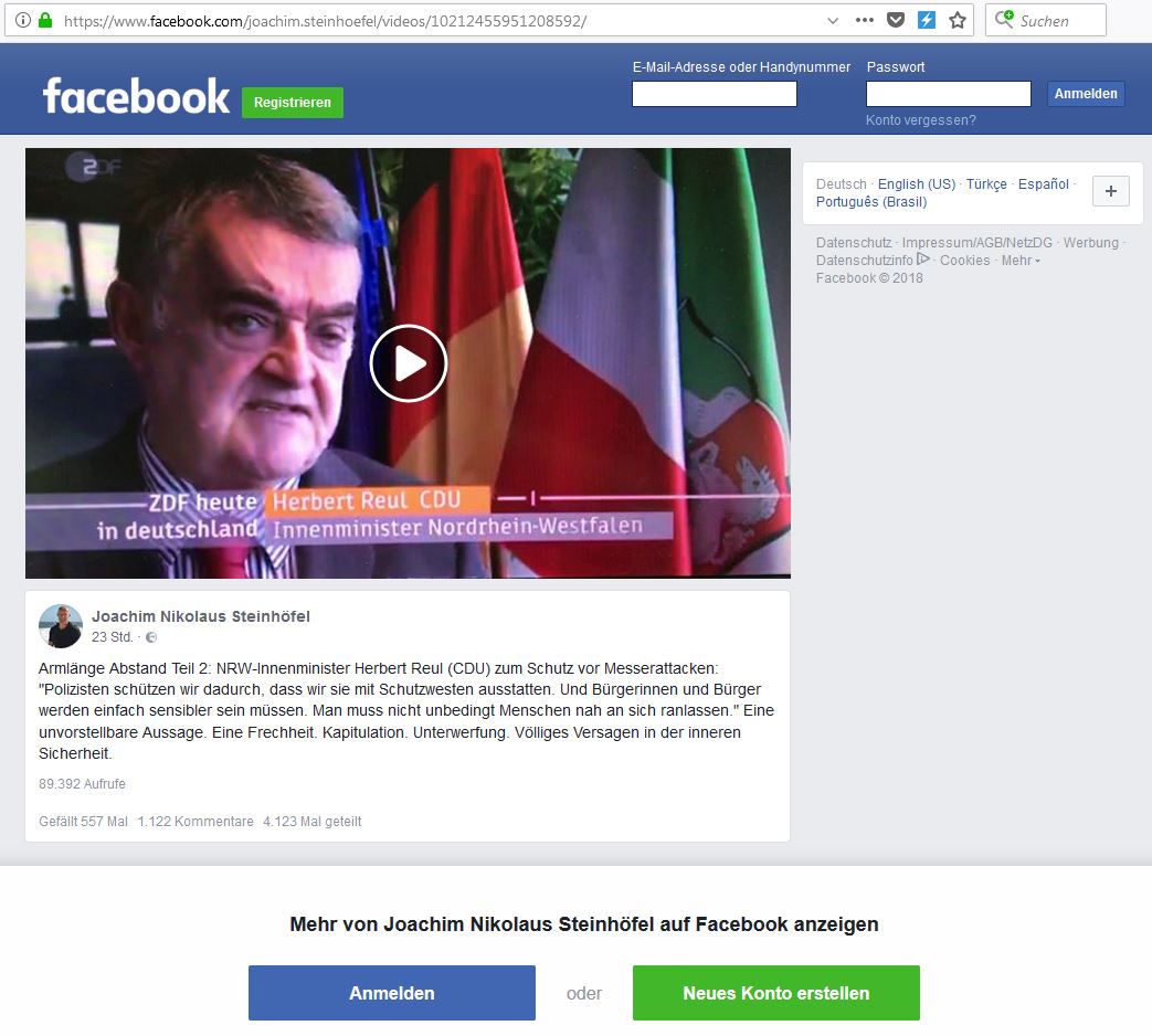 Screenshot von Rechtsanwalt Joachim Steinhöfels Facebook-Seite, Quellenangabe oben im Screenshot Screenshot von Rechtsanwalt Joachim Steinhöfels Facebook-Seite, zu sehen ist ein Videoausschnitt mit Herbert Reul