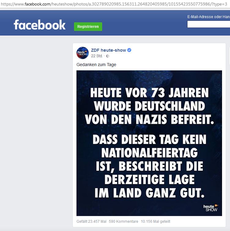 Screenshot von facebook.com/heuteshow/photos/ der Screenshot der Heute Show zeigt einen Text zum Thema "8. Mai"