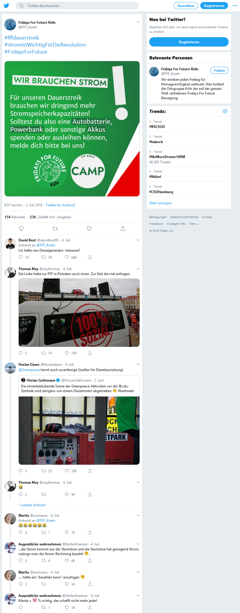 #stromIstWichtigFürDieRevolution Screenshot von Twitter mit Kommentaren zu FFF