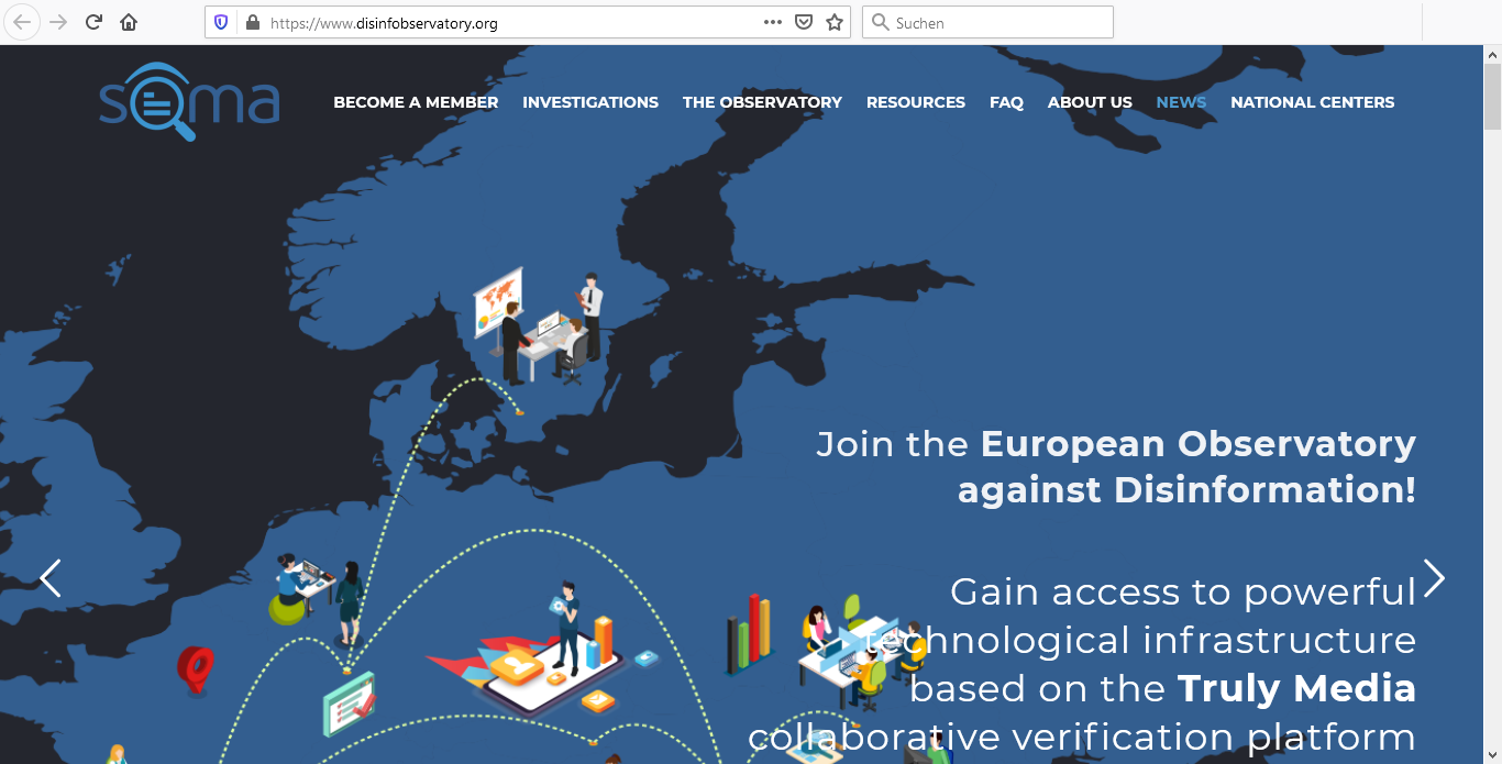 Screenshot der Website disinfobservatory.org Die Website heißt disinfobservatory.org, der Betreiber kürzt sich mit SOMA ab